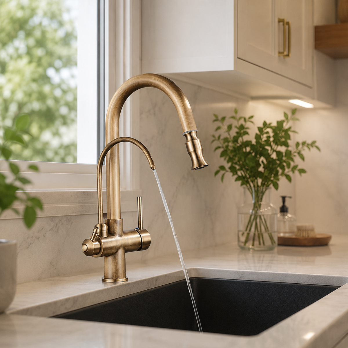 Marchbank Antique Brass 3-Way Filtered Kitchen Faucet — filtered water channel | Casa Norex