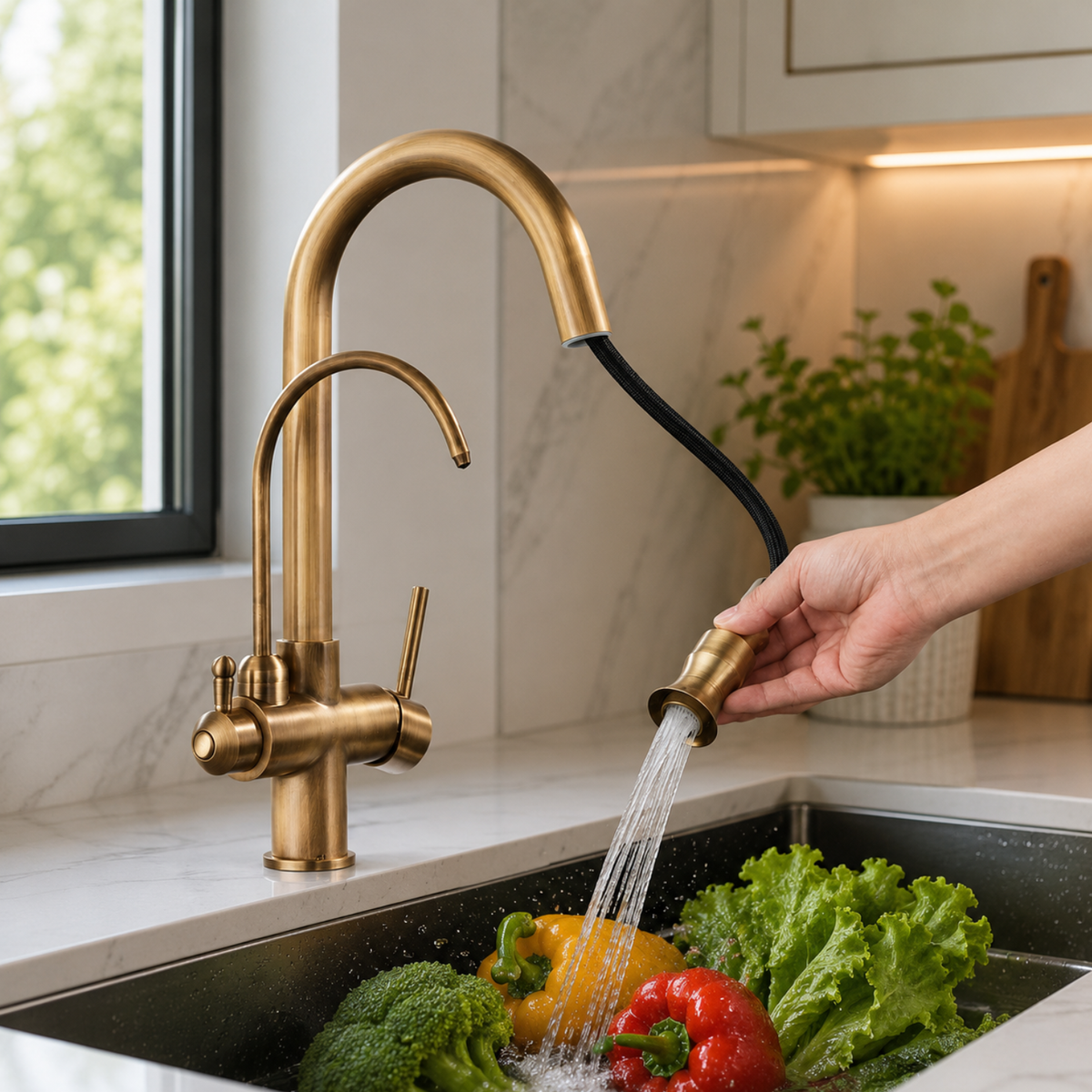 Marchbank Antique Brass 3-Way Filtered Kitchen Faucet — lead-free solid brass body, angled view | Casa Norex