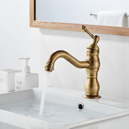 Antiqua Vessel Sink Faucet handle detail — Antique Brass finish — Casa Norex