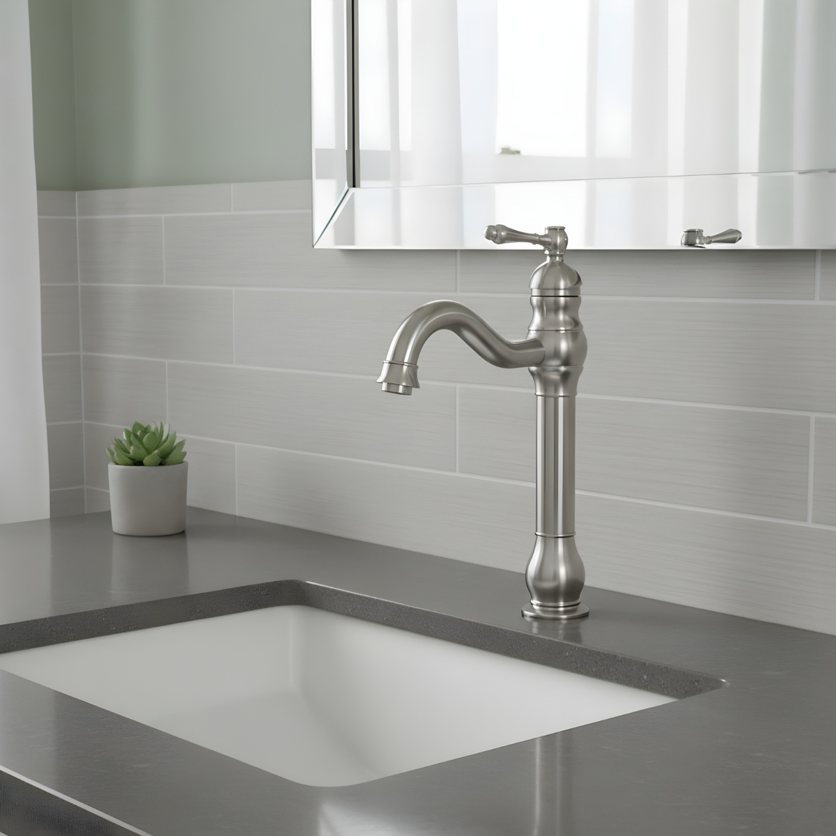 Antiqua Vessel Sink Faucet in bathroom vanity setting — 360-Swivel Spout | Casa Norex