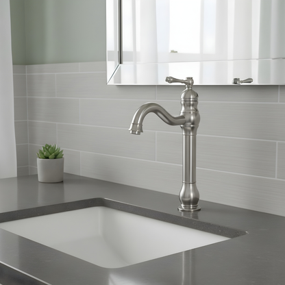 Antiqua Vessel Sink Faucet in bathroom vanity setting — 360-Swivel Spout | Casa Norex