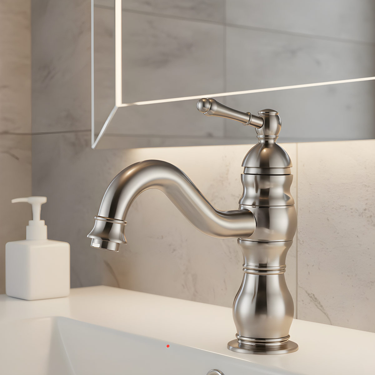 Antiqua Vessel Sink Faucet lifestyle angle — Brushed Nickel finish — Casa Norex