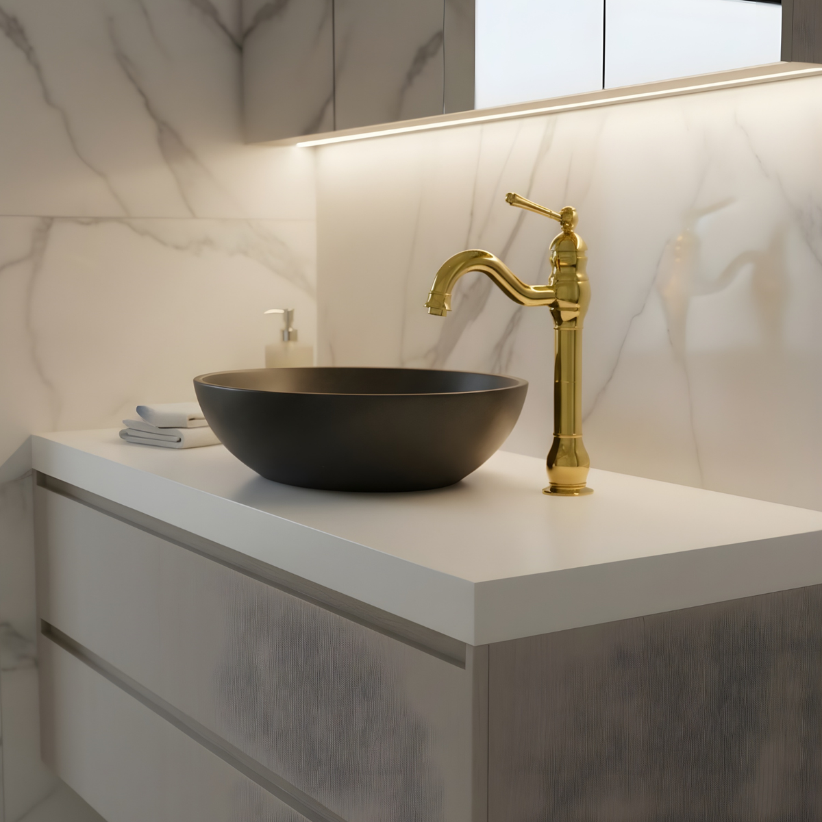 Antiqua Vessel Sink Faucet spout close-up — Matte Black finish — Casa Norex