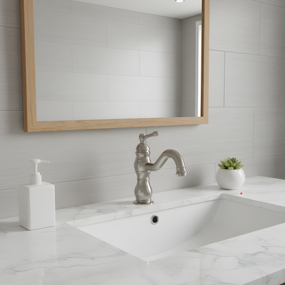 Antiqua Vessel Sink Faucet countertop view — Chrome finish — Casa Norex