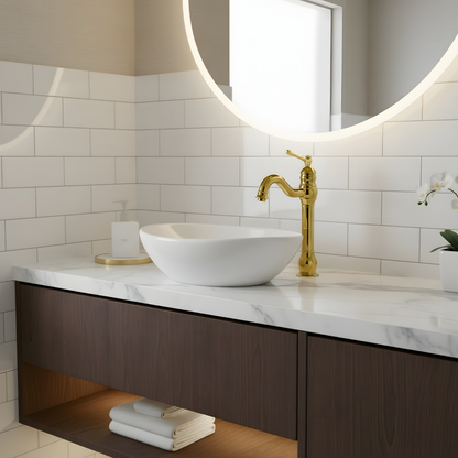 Antiqua Vessel Sink Faucet side profile — Brushed Nickel finish — Casa Norex