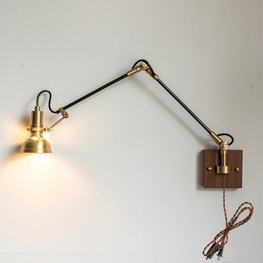 Kane brass swing arm plug-in wall sconce walnut accent adjustable | Casa Norex