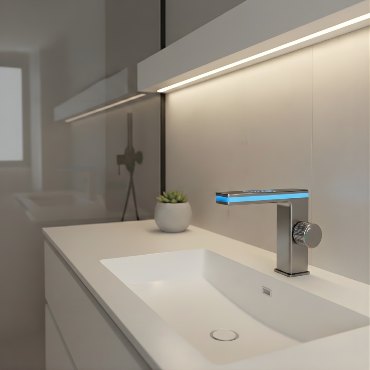 Close-up of solid brass with stainless steel spout and handle on Celsiq Bathroom Basin Faucet | Casa Norex