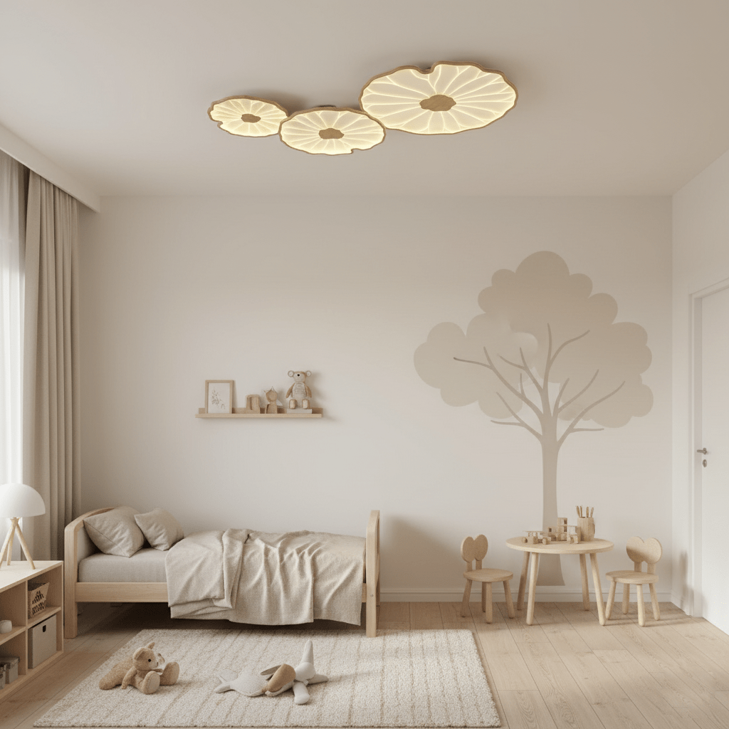 Lotus Leaf Acrylic Ceiling Lamp – 28.3" Circular in a Bedroom, Walnut Wood Grain