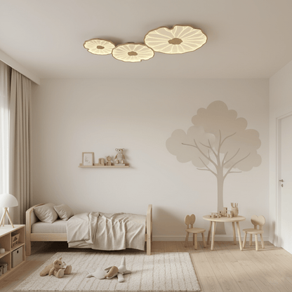 Lotus Leaf Acrylic Ceiling Lamp – 28.3" Circular in a Bedroom, Walnut Wood Grain