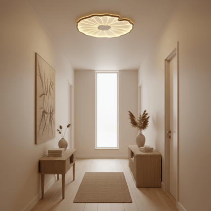 Lotus Leaf Acrylic Ceiling Lamp – 39.4"x23.6" Rect in a Dining Room, Natural Wood Grain