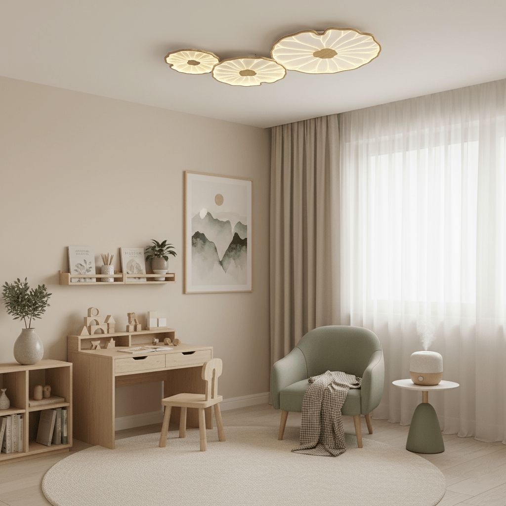 Lotus Leaf Acrylic Ceiling Lamp – 20.5" Circular, Stepless Dimmable Natural Wood Grain