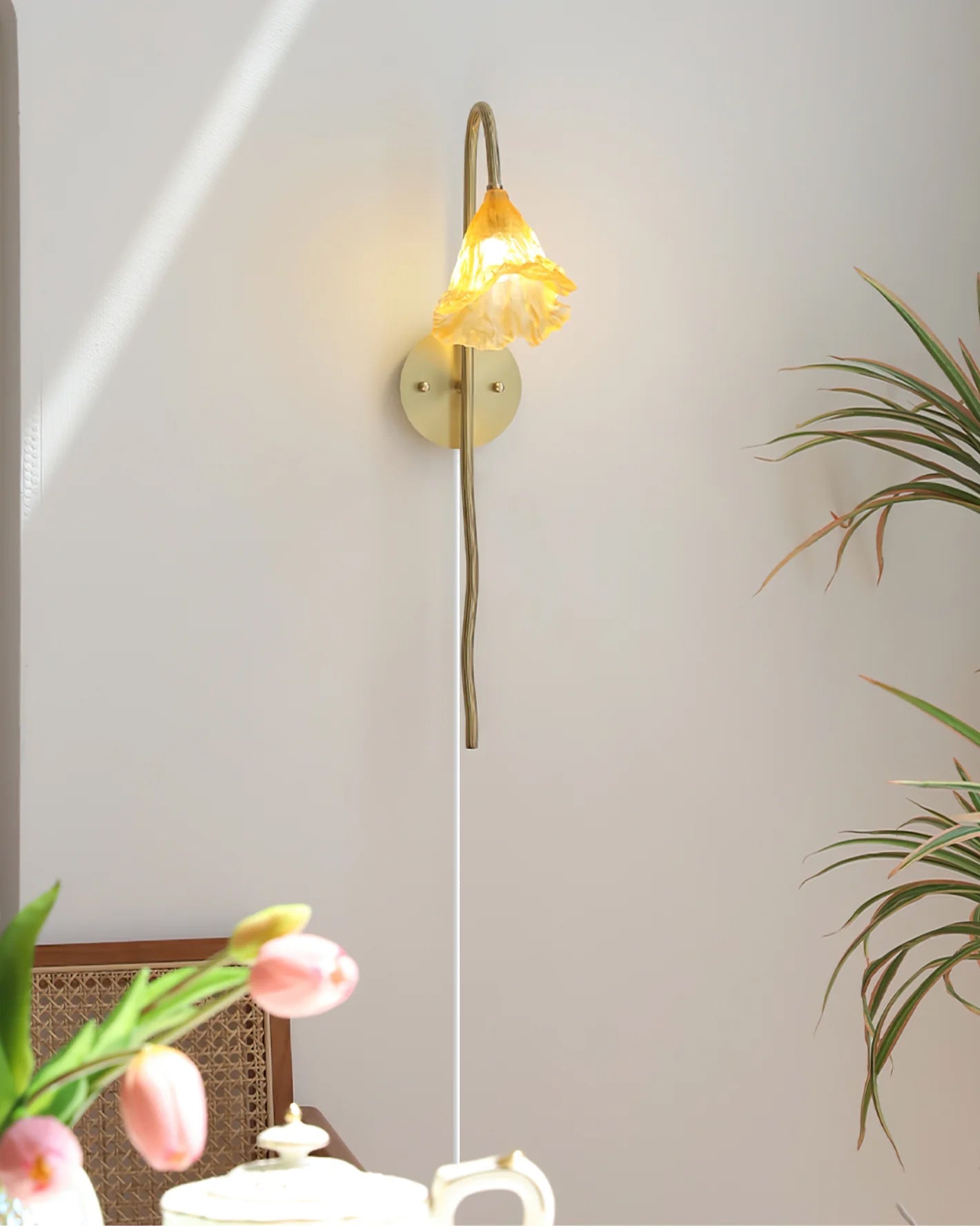 Lotus Amber plug-in wall lamp installed living room - Casa Norex