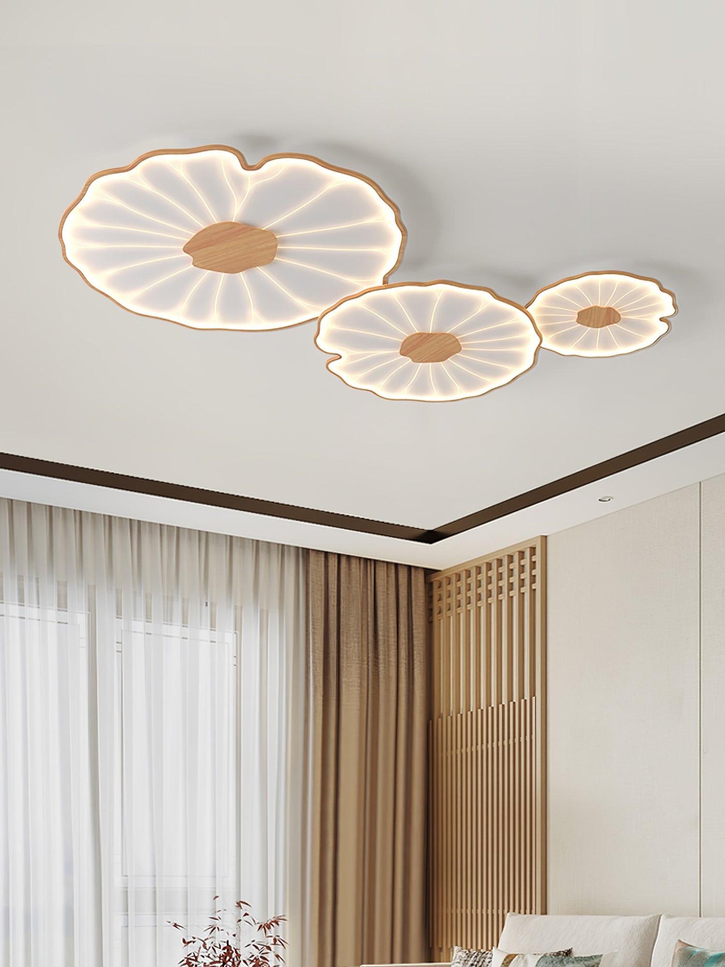 Lotus Leaf Acrylic Ceiling Lamp – 20.5" Circular in a Den/Study, Natural Wood Grain