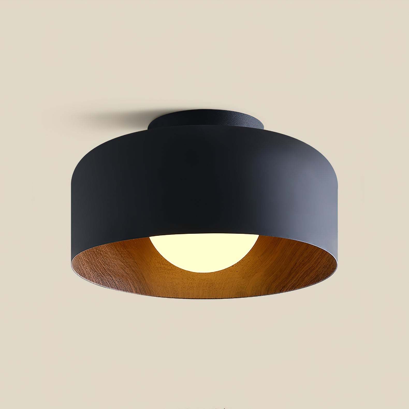 Wood grain hydrographic ceiling light — matte metal frame with glass globe | Casa Norex