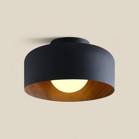 Wood grain hydrographic ceiling light — matte metal frame with glass globe | Casa Norex