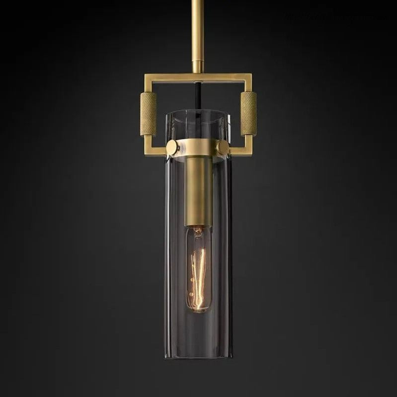 Machinist glass cylinder pendant — brass yoke with exposed Edison bulb | Casa Norex
