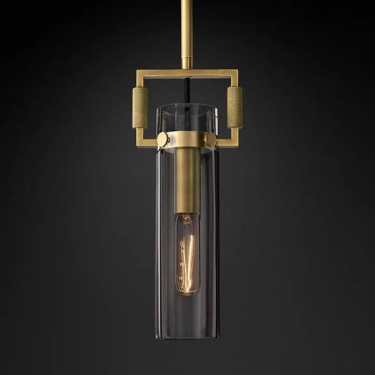 Machinist glass cylinder pendant — brass yoke with exposed Edison bulb | Casa Norex