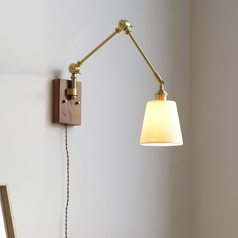 Murale ceramic swing arm plug-in wall lamp ribbed shade wood brass | Casa Norex