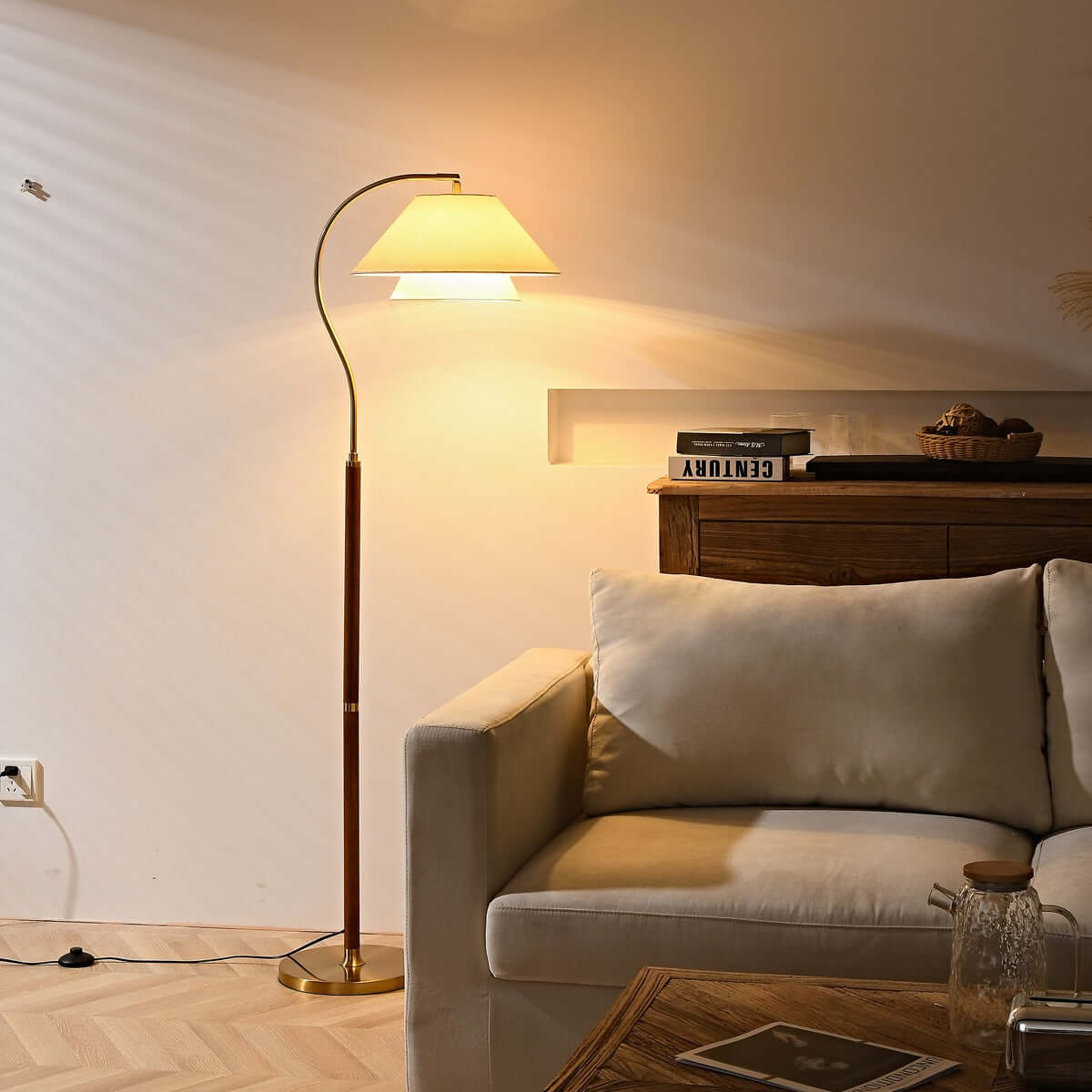 Close-up of layered fabric shade on Aurelia arch floor lamp | Casa Norex