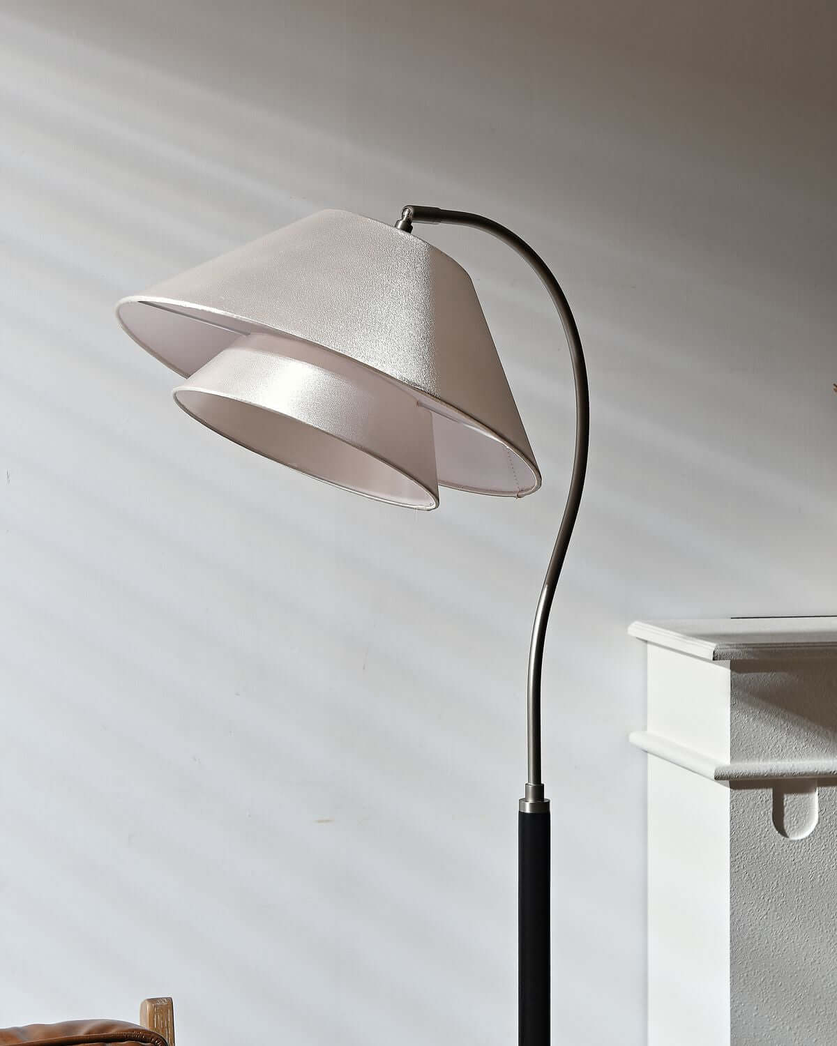 Aurelia arch floor lamp full product shot — walnut and fabric — Casa Norex