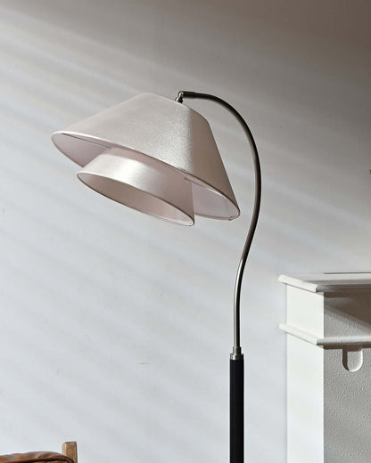 Aurelia arch floor lamp full product shot — walnut and fabric — Casa Norex