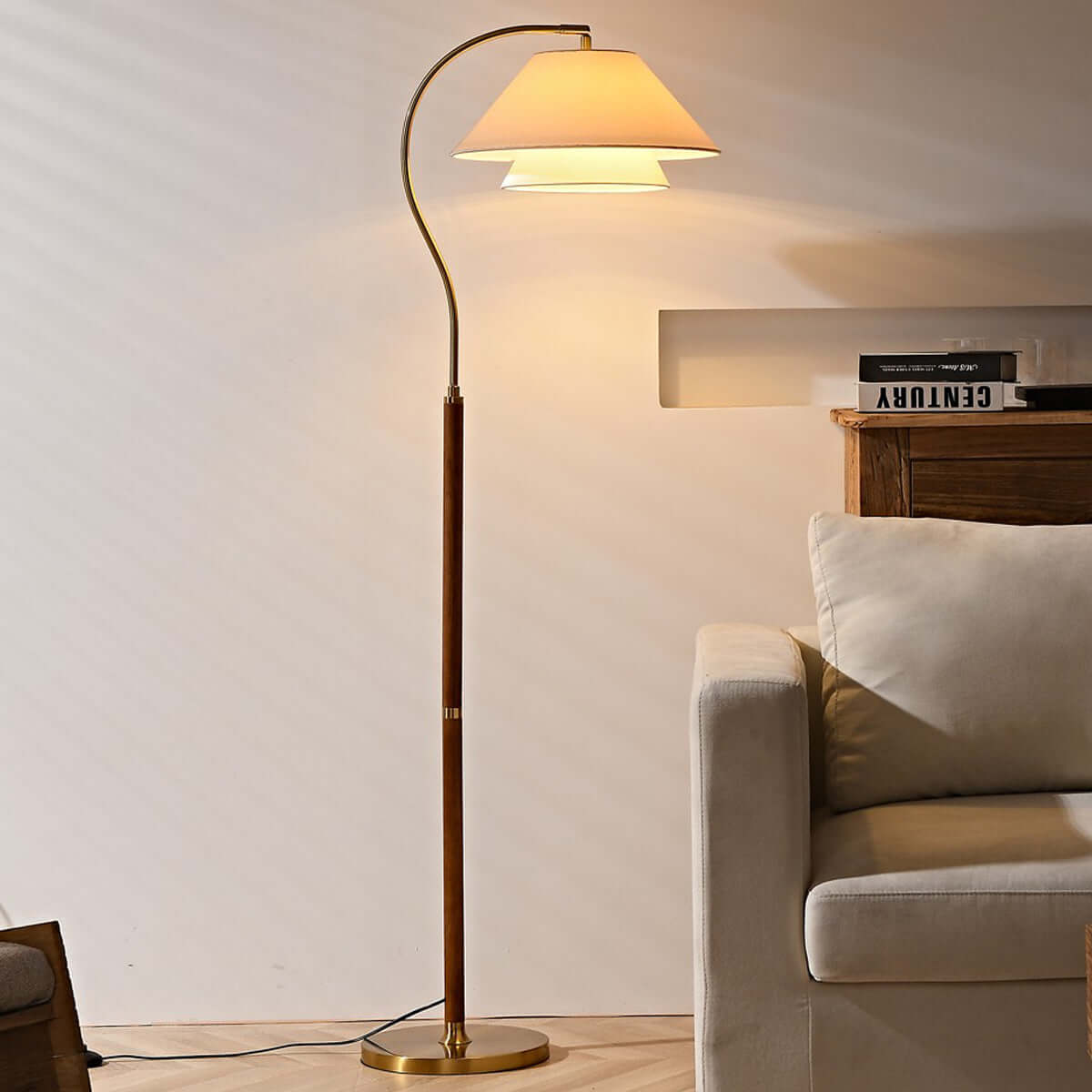 Arched walnut floor lamp — layered fabric shades | Casa Norex