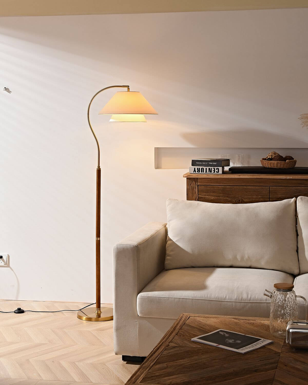Aurelia floor lamp illuminated — warm diffused glow — Casa Norex