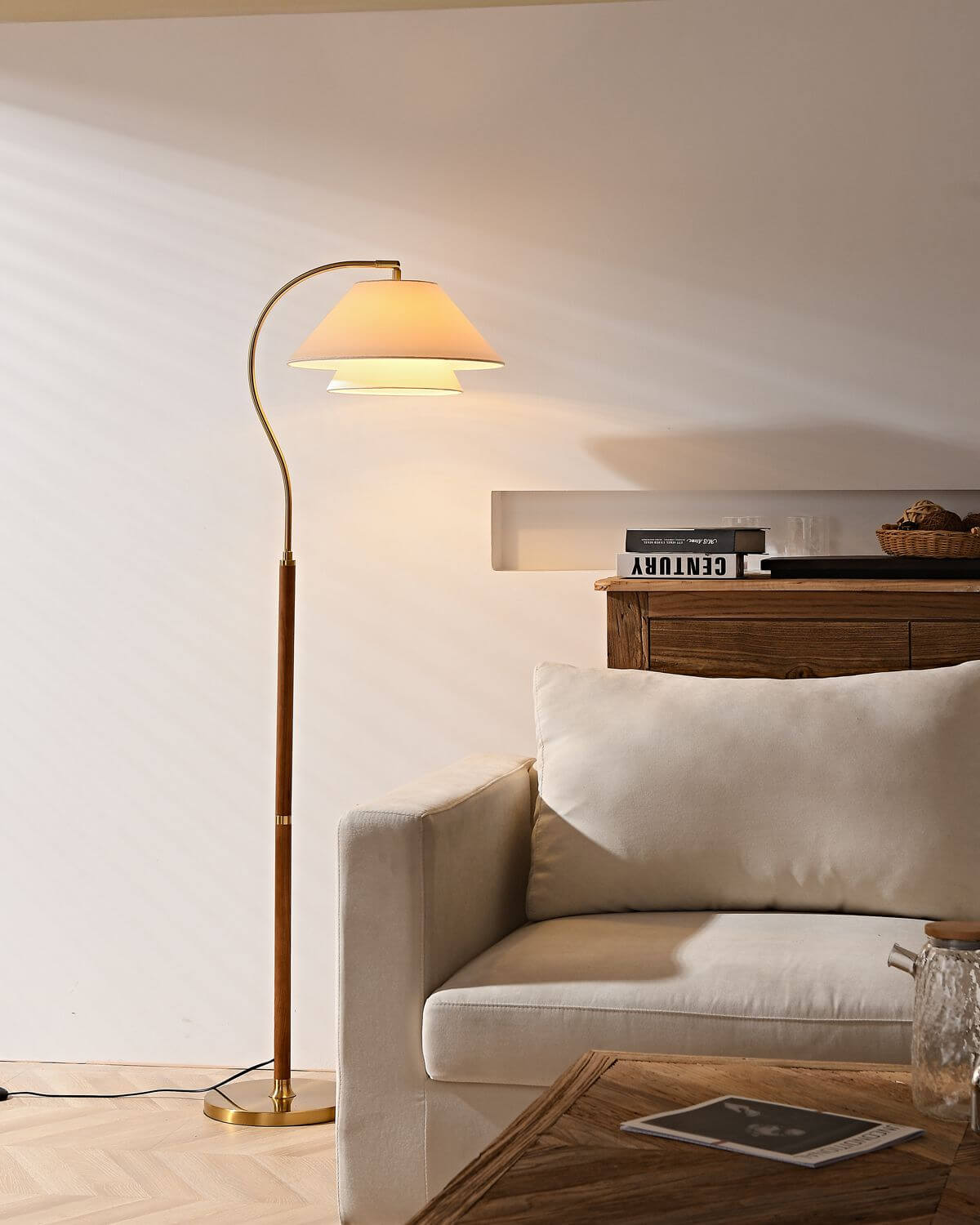 Aurelia floor lamp front view — layered fabric shade detail — Casa Norex