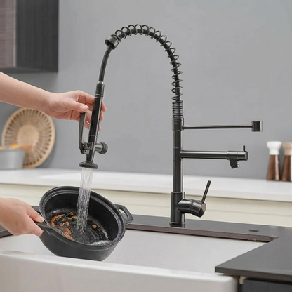 Kingswood Pull-Out Kitchen Faucet — 2-mode pull-out sprayer with lock bar, angled view | Casa Norex