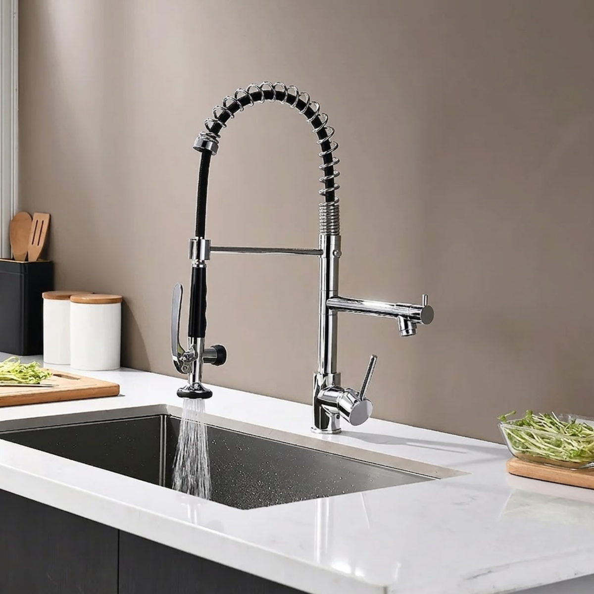 Kingswood Pull-Out Kitchen Faucet — 360° high-arc gooseneck spout, angled view | Casa Norex