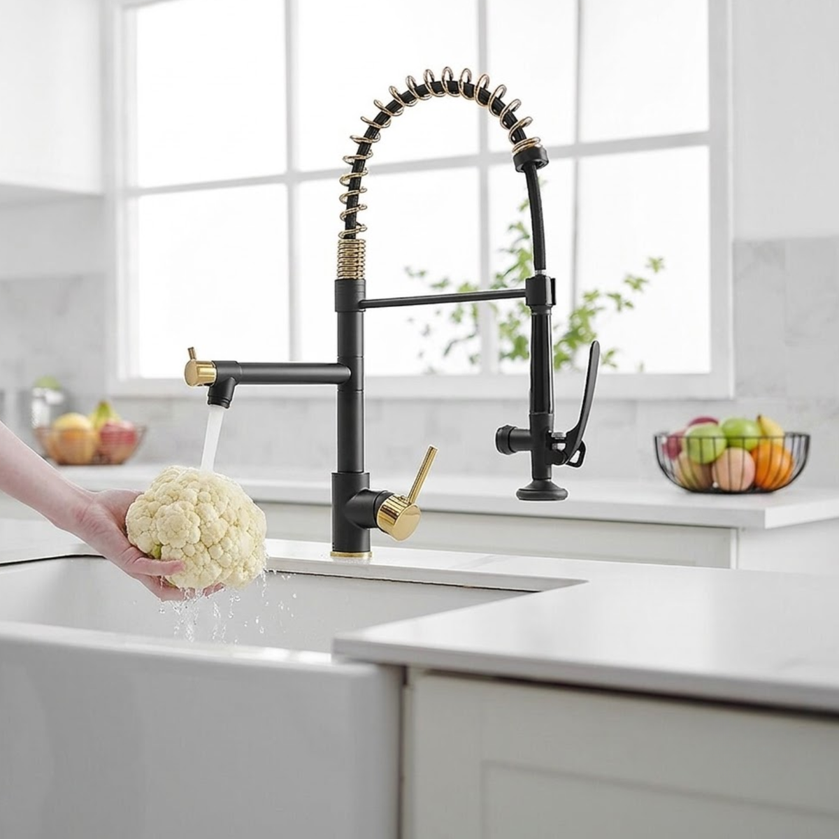 Kingswood Pull-Out Kitchen Faucet — 2-mode pull-out sprayer with lock bar, close-up | Casa Norex