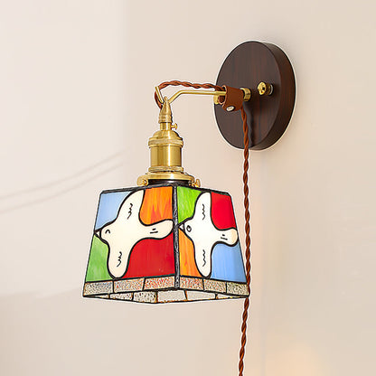Peace Dove stained glass plug-in wall sconce brass wood | Casa Norex