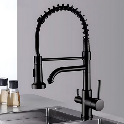 Glenmore 3-Way Filtered Pull-Down Kitchen Faucet — 3-way filtered water system, angled view | Casa Norex