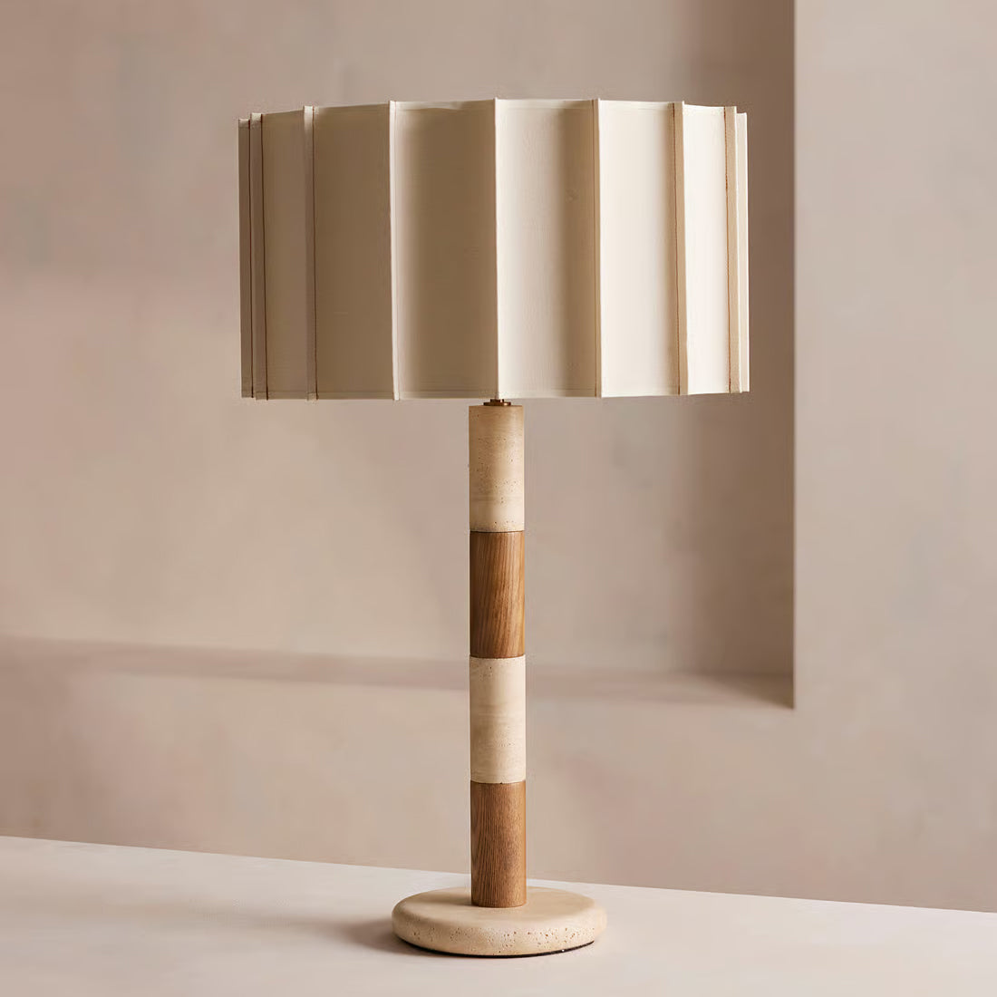 Pleated Grove travertine table lamp pleated fabric shade | Casa Norex
