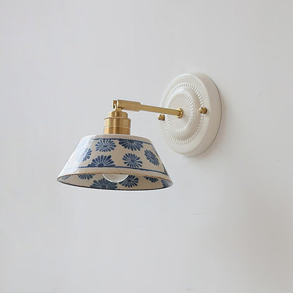 Hand-glazed ceramic wall sconce — brass hardware, indigo motifs | Casa Norex