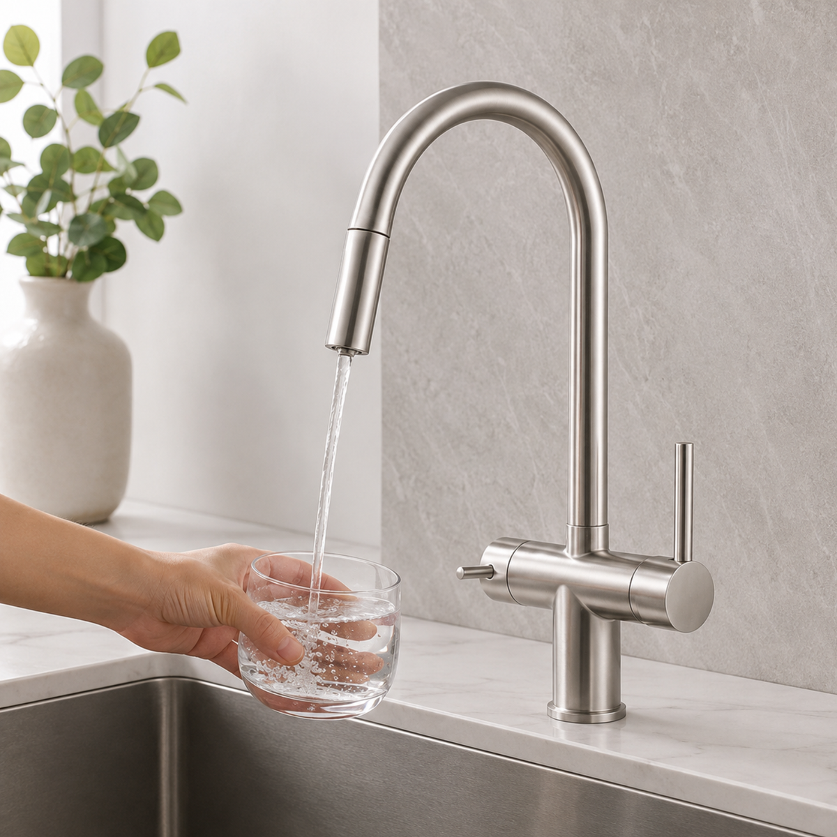 Ashland 3-Way Filtered Pull-Out Kitchen Faucet — food-grade 304 stainless steel body, angled view | Casa Norex