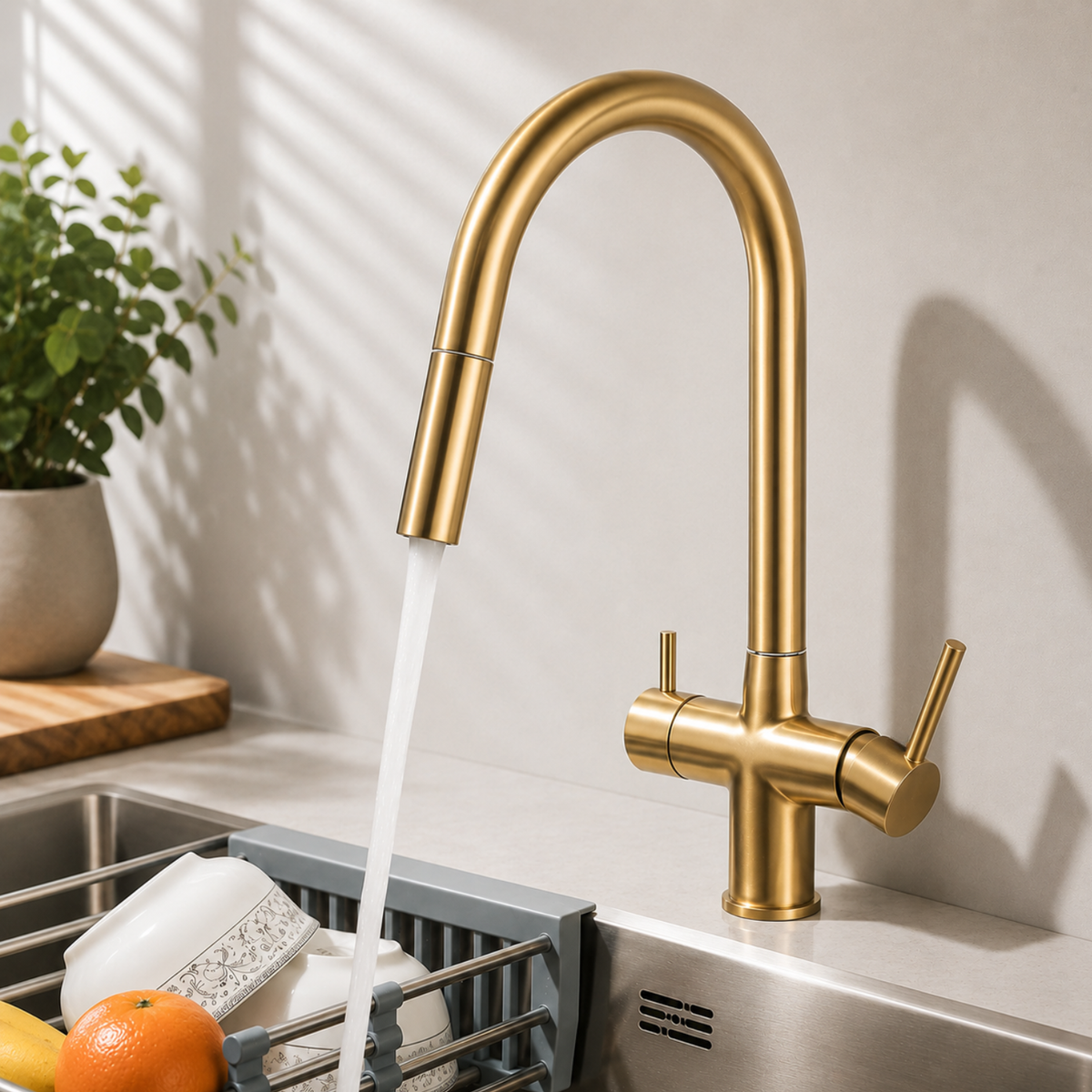 Ashland 3-Way Filtered Pull-Out Kitchen Faucet — Neoperl aerator, angled view | Casa Norex