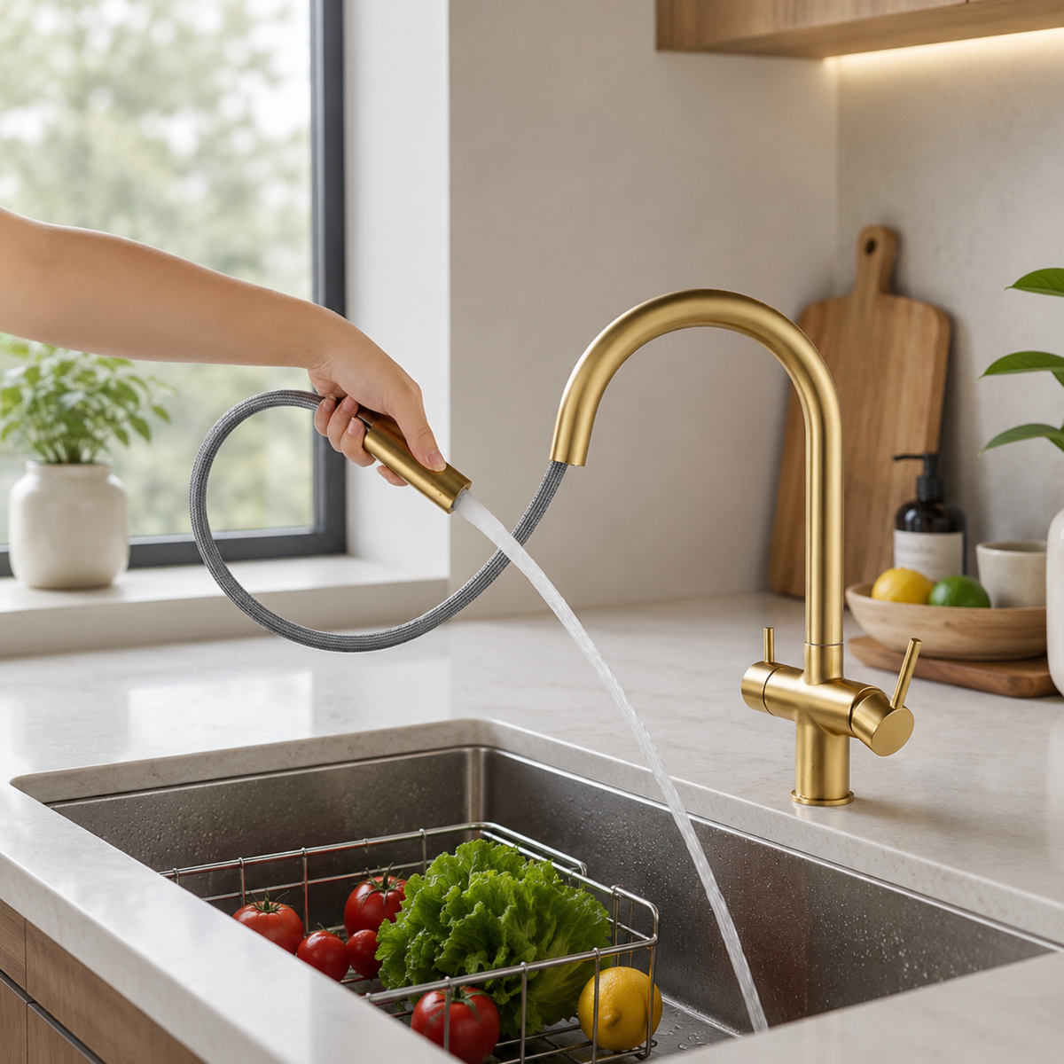 Ashland 3-Way Filtered Pull-Out Kitchen Faucet — ceramic disc cartridge, angled view | Casa Norex