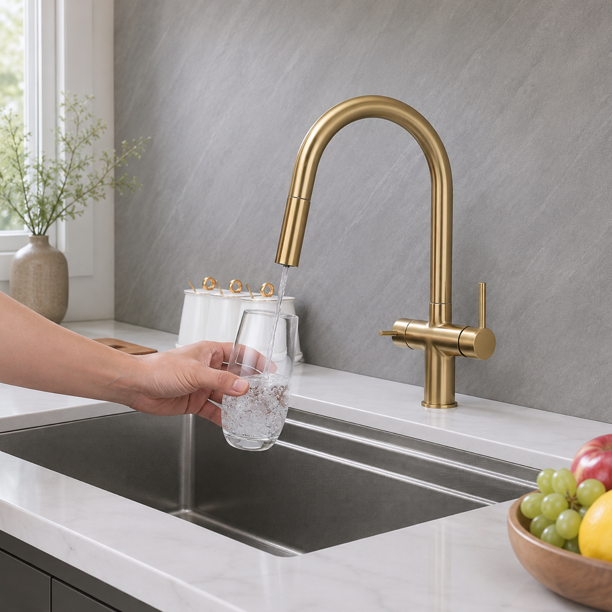 Ashland 3-Way Filtered Pull-Out Kitchen Faucet — 3-way hot, cold, and filtered water system, angled view | Casa Norex