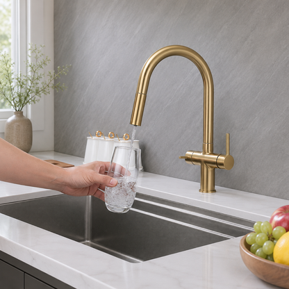 Ashland 3-Way Filtered Pull-Out Kitchen Faucet — 3-way hot, cold, and filtered water system, angled view | Casa Norex