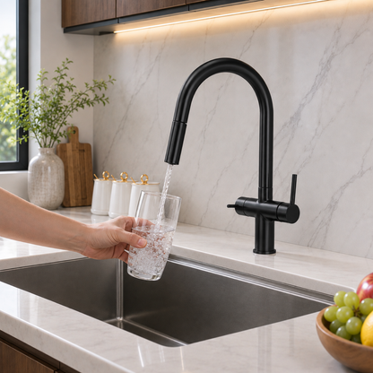 Ashland 3-Way Filtered Pull-Out Kitchen Faucet — ceramic disc cartridge, close-up | Casa Norex