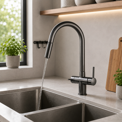 Ashland 3-Way Filtered Pull-Out Kitchen Faucet — 3-way hot, cold, and filtered water system, close-up | Casa Norex