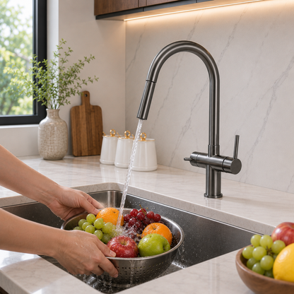 Ashland 3-Way Filtered Pull-Out Kitchen Faucet — pull-out spray head, angled view | Casa Norex