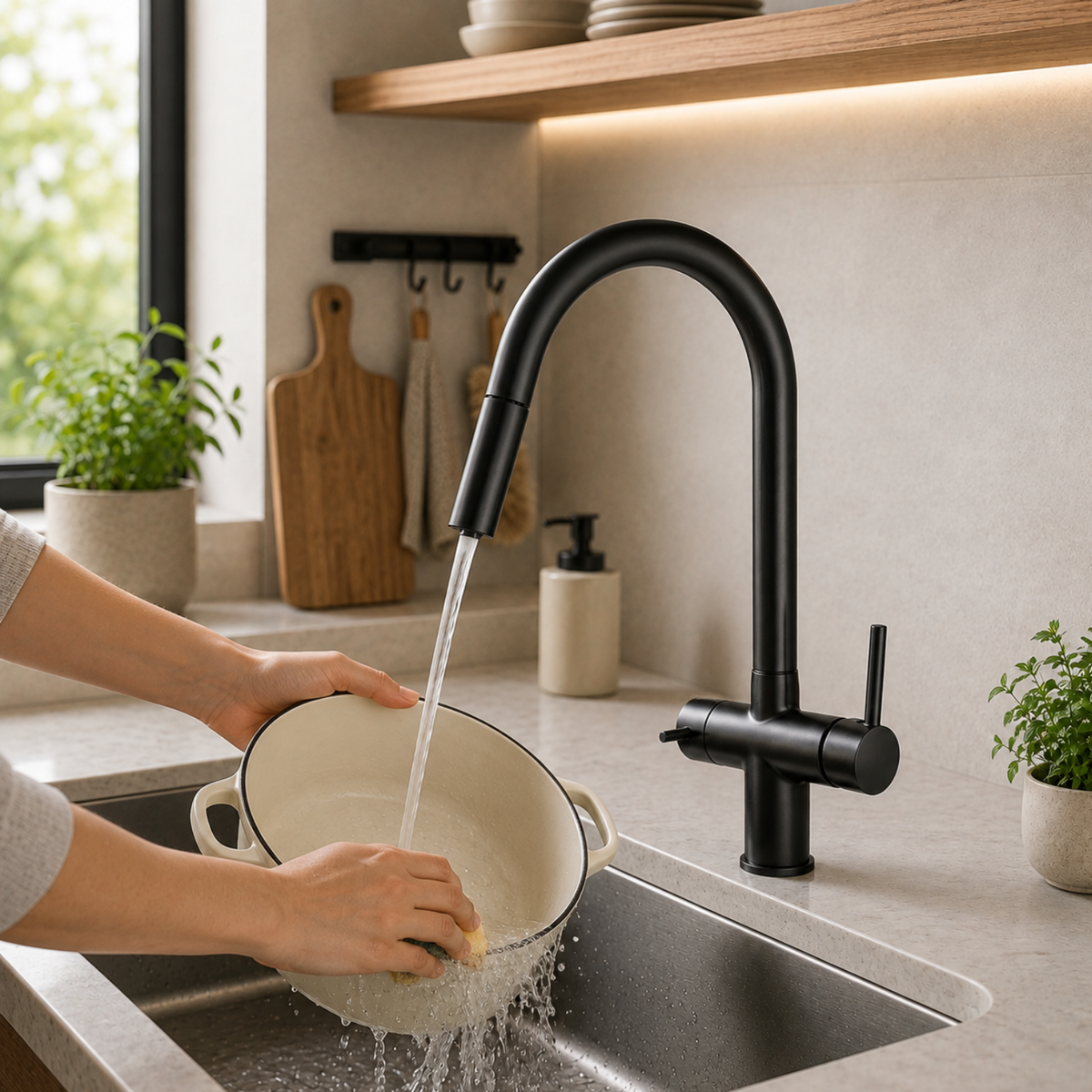 Ashland 3-Way Filtered Pull-Out Kitchen Faucet — 360° rotating gooseneck spout, close-up | Casa Norex