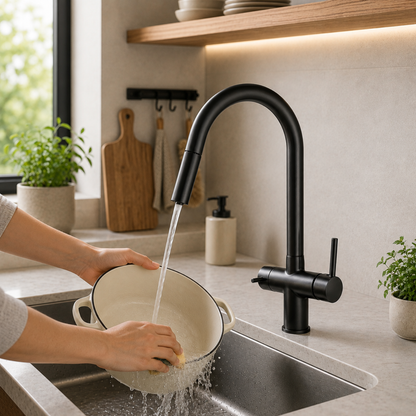Ashland 3-Way Filtered Pull-Out Kitchen Faucet — 360° rotating gooseneck spout, close-up | Casa Norex
