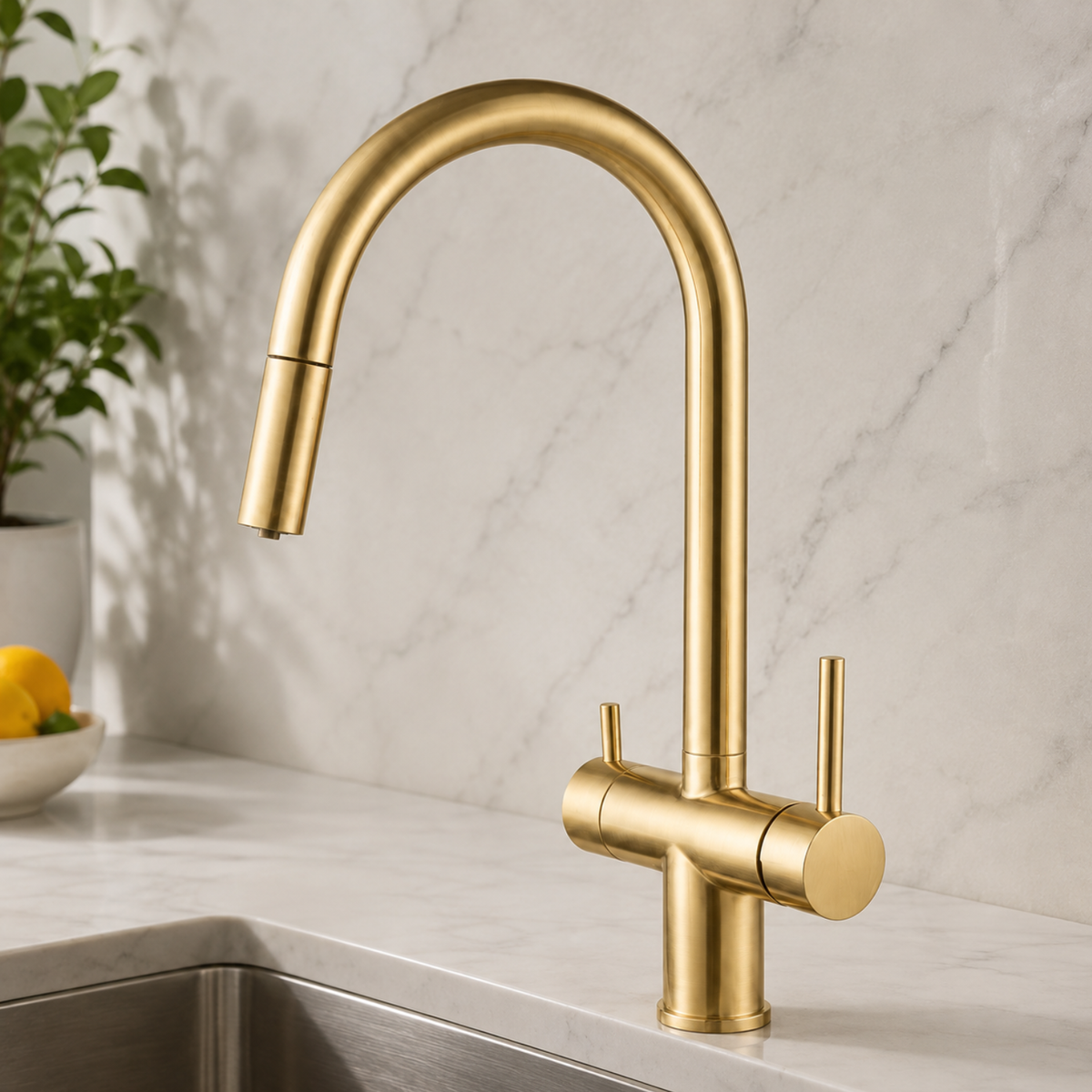 Ashland 3-Way Filtered Pull-Out Kitchen Faucet — 360° rotating gooseneck spout, angled view | Casa Norex