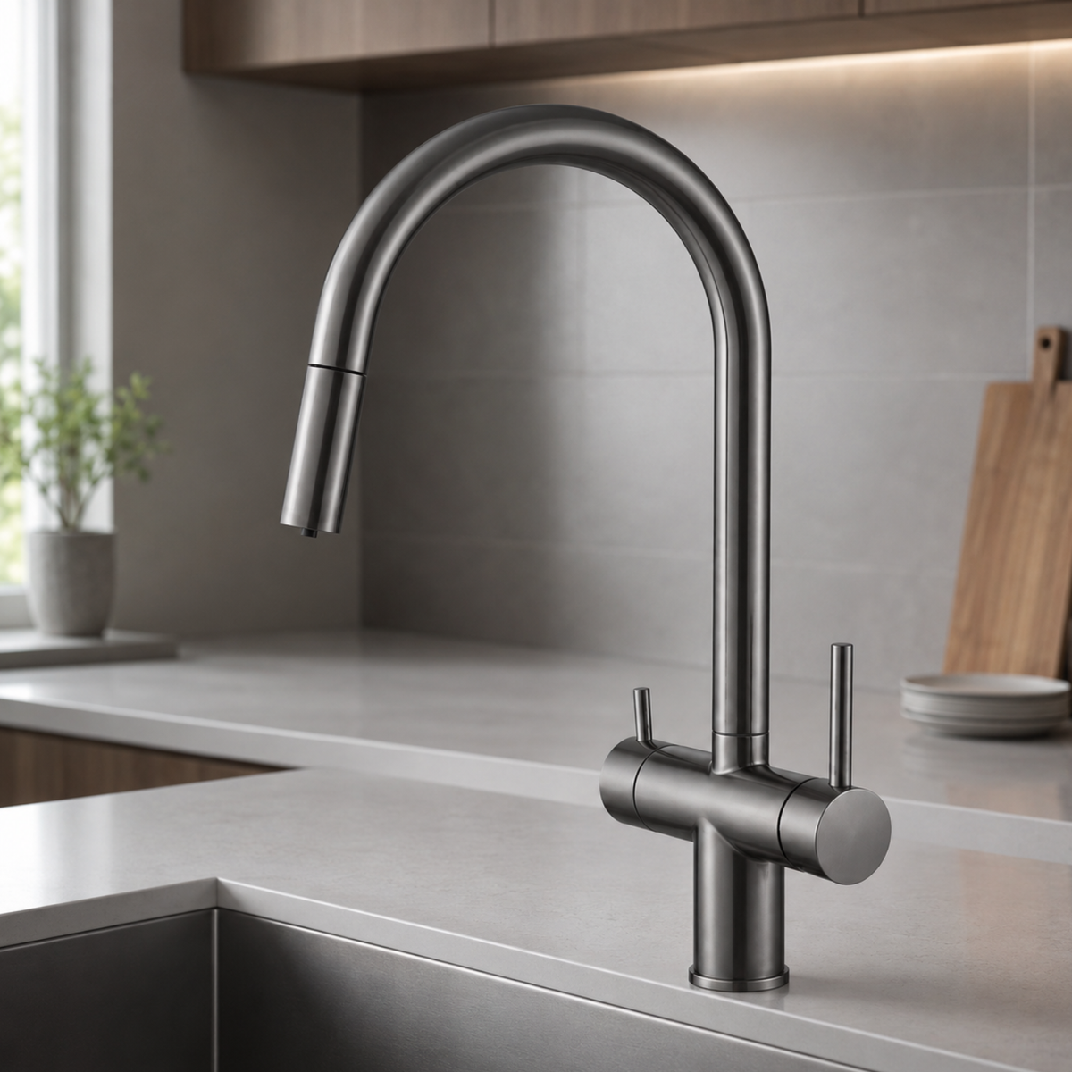 Ashland 3-Way Filtered Pull-Out Kitchen Faucet — food-grade 304 stainless steel body, close-up | Casa Norex