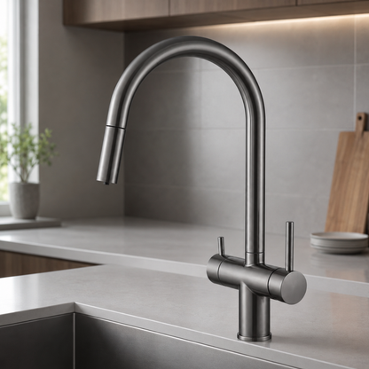 Ashland 3-Way Filtered Pull-Out Kitchen Faucet — food-grade 304 stainless steel body, close-up | Casa Norex