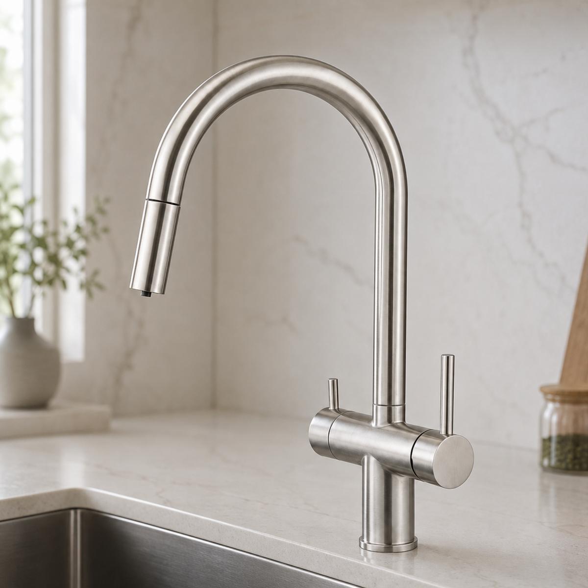Ashland 3-Way Filtered Pull-Out Kitchen Faucet — 360° rotating gooseneck spout | Casa Norex