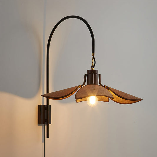 Riankh wood and fabric plug-in wall lamp walnut natural tones | Casa Norex